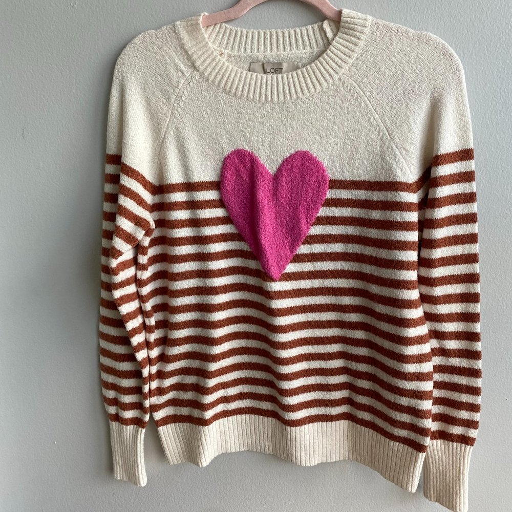 LOFT cream soft stripe heart sweater